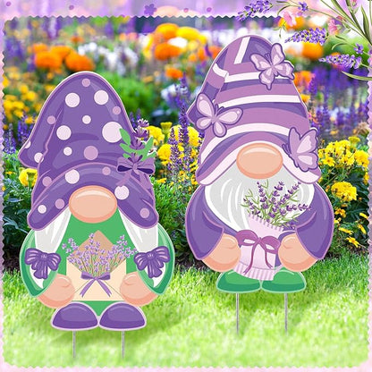 2 Pcs Easter/Spring Outdoor Decorations 16 Inch Easter Yard Signs Metal Pastel Gnome/Rustic Bunny/Lavender Garden Stakes for Home Outside Pathway Lawn Backyard Patio Farmhouse Party Decor(Lavender)