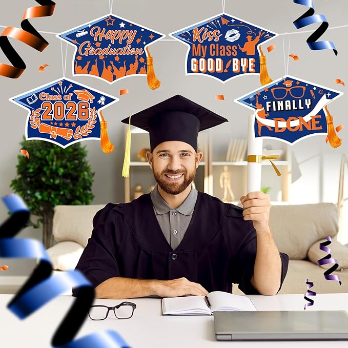 Chunful 12 Pack Graduation Yard Signs Grad Decoration 2026 Happy Graduate Lawn Garden Sign with Stake Congrats Outdoor Plastic Cap Hanging Ornament for Class Pathway Walkway Porch Party(Blue Orange)