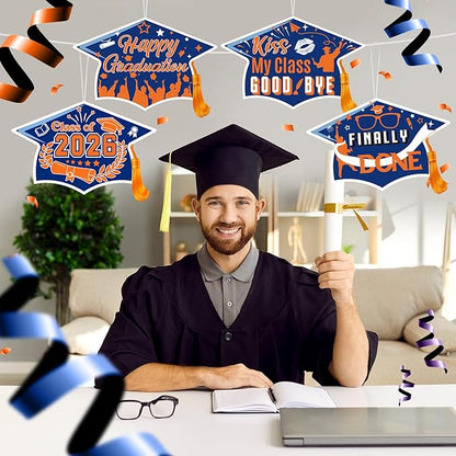 Chunful 12 Pack Graduation Yard Signs Grad Decoration 2026 Happy Graduate Lawn Garden Sign with Stake Congrats Outdoor Plastic Cap Hanging Ornament for Class Pathway Walkway Porch Party(Blue Orange)
