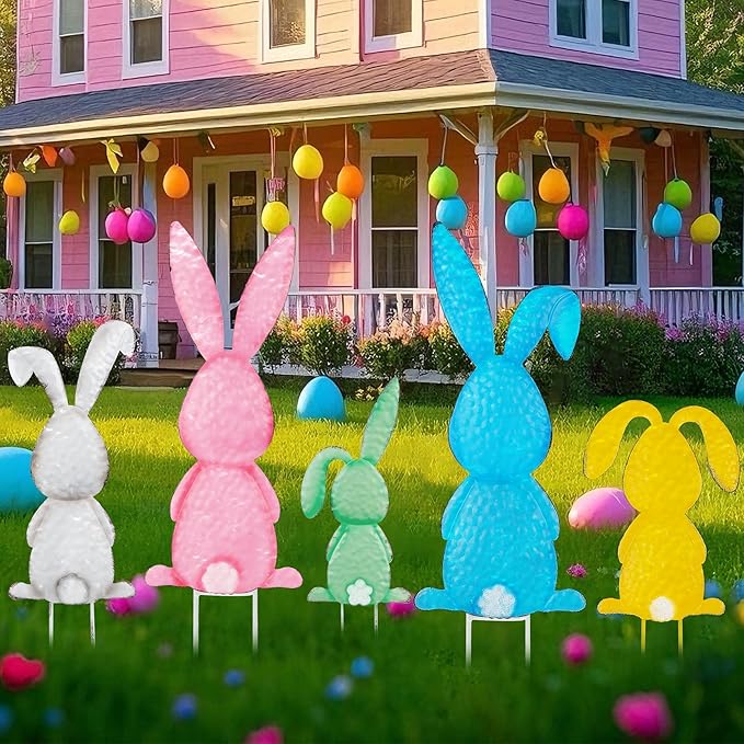 Treewoll5 Packs Easter Garden Stakes Decorations, Metal Bunny Yard Signs, Adorable Rabbit Stakes in Five Colors for Courtyard Patio Spring Lawn Holiday Outdoor Display Props