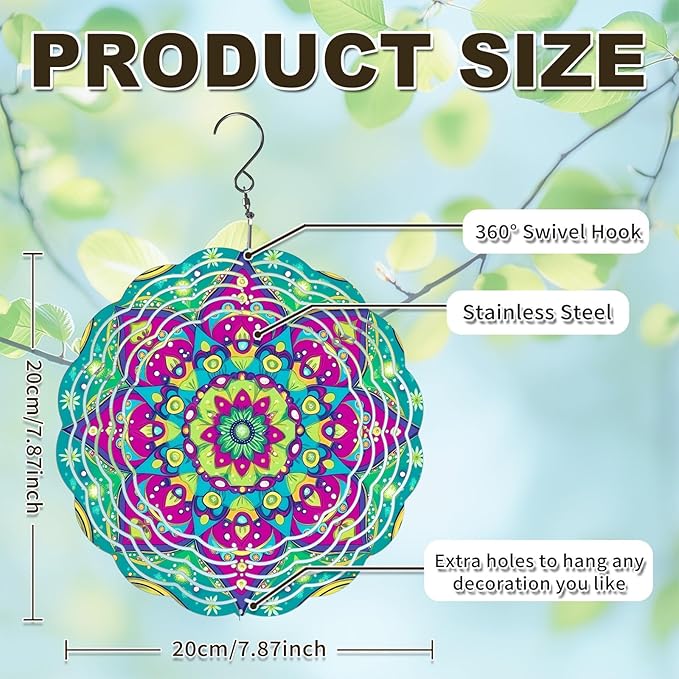 Multi Color Mandala Wind Spinners Outdoor, Hanging Wind Spinner for Garden Decoration, 8 inch 3D Stainless Steel Metal Wind Sculpture for Indoor/Outdoor Decor