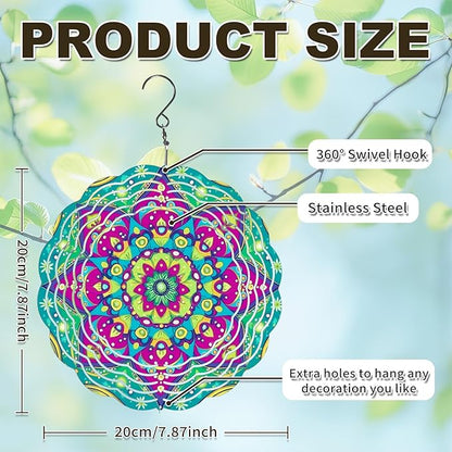 Multi Color Mandala Wind Spinners Outdoor, Hanging Wind Spinner for Garden Decoration, 8 inch 3D Stainless Steel Metal Wind Sculpture for Indoor/Outdoor Decor