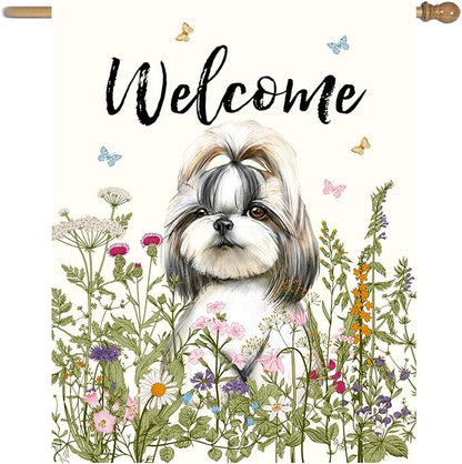 Floral Shih Tzu Garden Flag Spring Summer House Flags 28 x 40 Double Sided Flower Dog Yard Flags for Outside Large Outdoor Welcome Flags