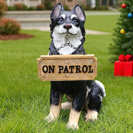 Northern Husky Porch Accent Featuring Solar Lantern & Double-Sided Sign, Sitting Black Husky Garden Statue for Entry Steps & Lawn Edge