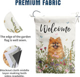 Spring Summer Garden Flag Floral Pomeranian Yard Flag Flower Dog Garden Flags for Outside Small Outdoor Welcome Flags 12x18 Double Sided