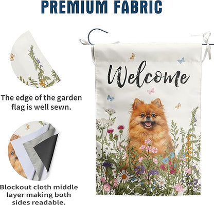 Spring Summer Garden Flag Floral Pomeranian Yard Flag Flower Dog Garden Flags for Outside Small Outdoor Welcome Flags 12x18 Double Sided