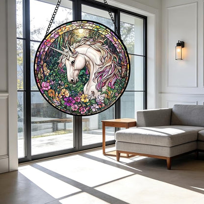 DASTOLL Stained Glass Window Hanging, Unicorn Flowers Suncatcher for Doors Home Sun Catchers Decoration and Christmas, Mother's Day Birthday Gifts for Women, Men, and Mom 7.8 in