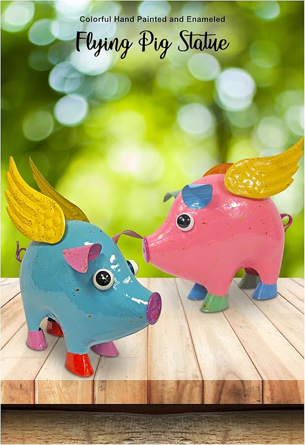 Colorful Enameled Metal Flying Pig Statue - Blue, Patio and Lawn Outdoor Garden Decor, Indoor Home Decoration, Yard Art, Farm Animal Sculpture