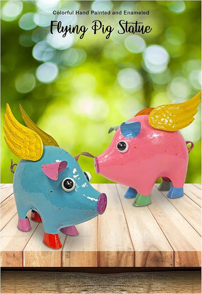 Colorful Enameled Metal Flying Pig Statue - Blue, Patio and Lawn Outdoor Garden Decor, Indoor Home Decoration, Yard Art, Farm Animal Sculpture
