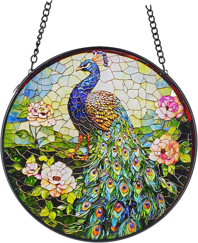 Sun Catcher Stain Glass,Peacock Suncatcher Stained Glass Decor for Window Hanging, Gardening Gifts for Women with 6.3 Inch