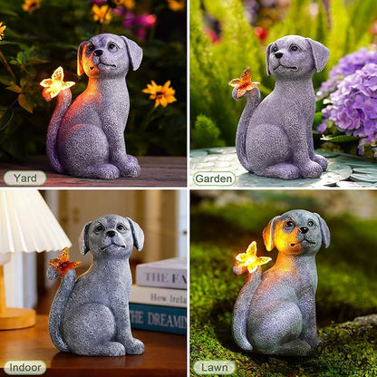 Nacome Solar Dog Outdoor Statues for Garden: Outside Decor with Butterfly Clearance for Yard Art Lawn Ornaments Patio Balcony Home House for Grandma Mom Women