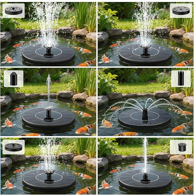 Solar Fountain, Floating Solar Water Pump with 6 Nozzles & 4 Fixed Pipes, Solar Fountain for Bird Bath, Garden, Pond, Pool
