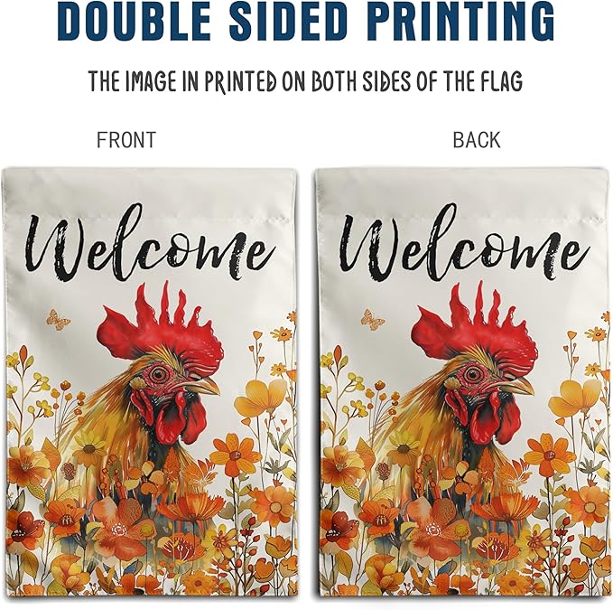 Chicken Fall Garden Flag Autumn Rooster Yard Sign Orange Floral Thanksgiving Outdoor Banners for Outside 12x18 Double Sided Small Wild Flower Lawn Decorations