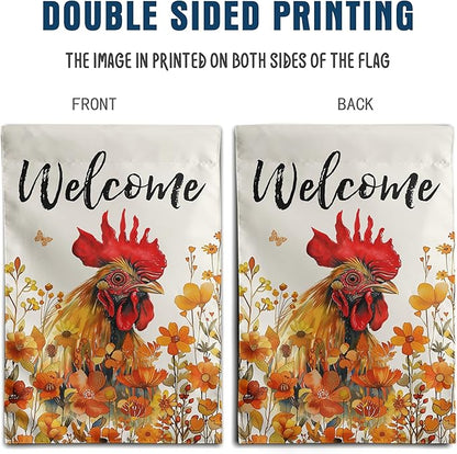 Chicken Fall Garden Flag Autumn Rooster Yard Sign Orange Floral Thanksgiving Outdoor Banners for Outside 12x18 Double Sided Small Wild Flower Lawn Decorations