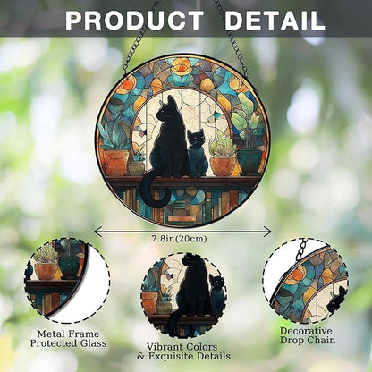 Black Cat Book Lovers Stained Glass Window Hanging, Book Lovers Reader Gifts Suncatchers Sun Catchers Indoor Window Glass Wall Art Decorations, Black Cat Gifts for Women, 7.9x7.9in, Patio