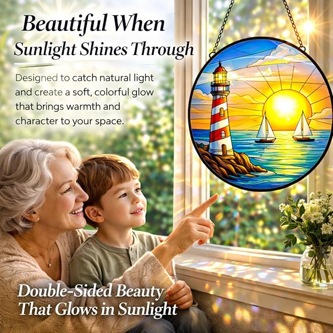 Lighthouse Ocean Suncatcher Window Hanging, 7.8" Stained Glass Decor, Symbolic Gift for Family, Friends and Loved Ones, Coastal Home Decor for Window, Wall, Living Room and Sunroom