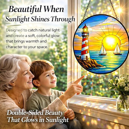 Lighthouse Ocean Suncatcher Window Hanging, 7.8" Stained Glass Decor, Symbolic Gift for Family, Friends and Loved Ones, Coastal Home Decor for Window, Wall, Living Room and Sunroom
