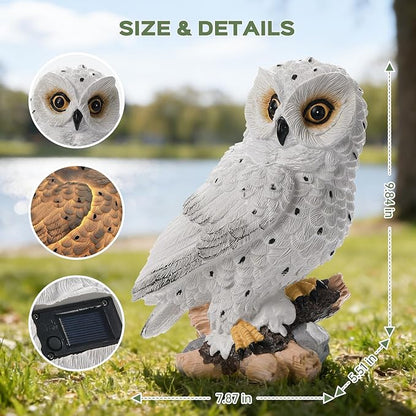 Solar Owl Garden Outdoor Statue,Owl Figurine Sculpture with LED Lights for Porch Patio Lawn Yard Deck Spring Decor - Ideal Easter Day Housewarming for Women Men Owl Lover(White)