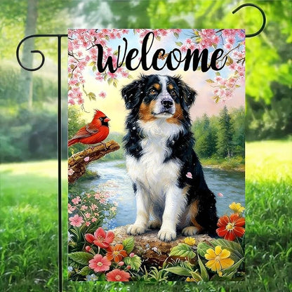 Spring Summer Australian Shepherd Dog Garden Flags 12x18 Double Sided, Small Burlap Seasonal Cardinal Flowers Garden Flag Spring Summer Outdoor Yard Decorations for Outside Lawn Decor