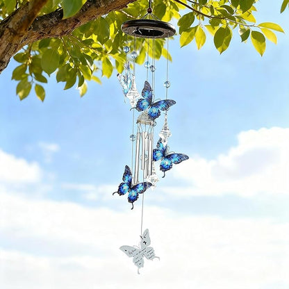 YU FENG Butterfly Memorial Wind Chime with Crystal Suncatcher – 27 Inch Outdoor Wind Chimes for Garden, Blue Butterfly Sympathy Gift for Loss of Loved One, Remembrance Decor for Yard, Patio, Mom