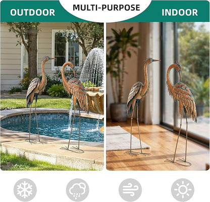 45.3" Tall Extra Large Metal Crane Decor, Handcrafted Distressed Bronze Heron Sculpture with 4-Piece Secure Ground Stakes, Vintage Charm Outdoor Garden Statue Yard Art for Patio & Backyard Decor