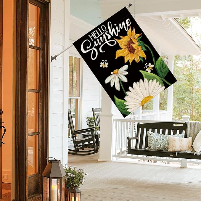 AVOIN colorlife Daisy Sunflower Hello Sunshine House Flag 28x40 Inch Double Sided, Summer Seasonal Holiday Burlap Yard Outdoor Decoration Black