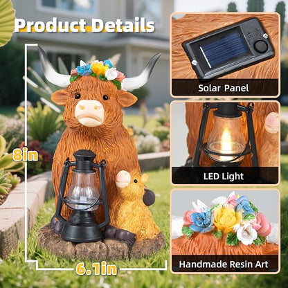 Highland Cow Solar Lights, Solar Powered Statues for Garden,Outside Decor with Latern for Yard Birthday Easter Gifts for Grandma Mom Women Funny Decorations for Yard and Patio Gifts