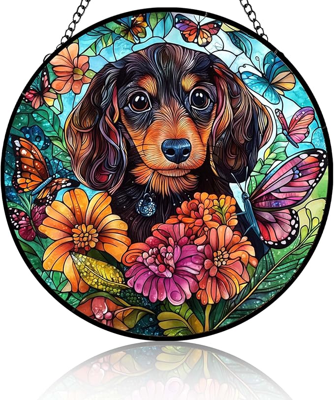 Dog Stained Glass Window Hanging Dachshund in Flowers Suncatcher Colored Glass Suncatcher for Indoor Garden Decoration Gift for Per Lover Memorial Wife Friend Family 6.3in
