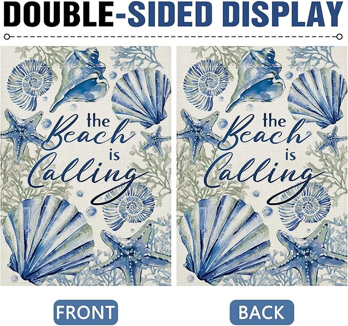 Dyrenson Spring Summer The Beach is Calling 28 x 40 House Flag Double Sided, Coastal Conch Starfish Coral Pearl Garden Yard Decorations, Nautical Seasonal Burlap Outdoor Decor Decorative Large Flag