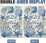 Dyrenson Spring Summer The Beach is Calling 28 x 40 House Flag Double Sided, Coastal Conch Starfish Coral Pearl Garden Yard Decorations, Nautical Seasonal Burlap Outdoor Decor Decorative Large Flag