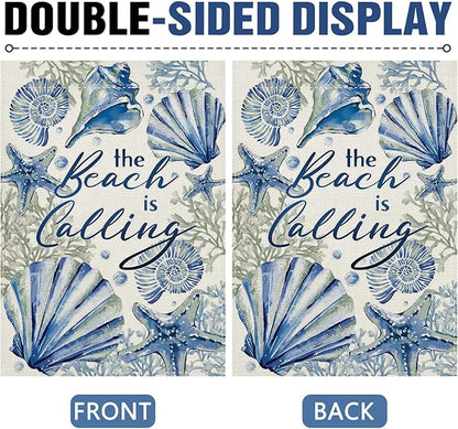 Dyrenson Spring Summer The Beach is Calling 28 x 40 House Flag Double Sided, Coastal Conch Starfish Coral Pearl Garden Yard Decorations, Nautical Seasonal Burlap Outdoor Decor Decorative Large Flag