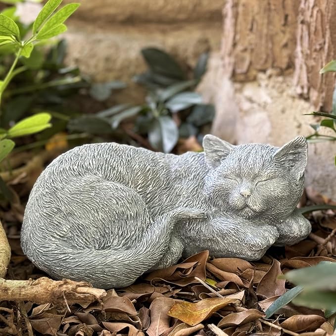 Cat Memorial Stone Garden Decor Outdoor Statue, Figurine Sculpture for Patio, Porch and Lawn, Sleeping Cat Decoration, Gifts for Mom