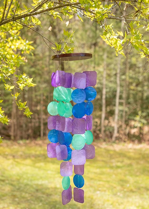 Beautiful and Unique Capiz Shell Wind Chime - Wind Chimes for Outdoors - Colorful and Whimsical Patio Decor - Ocean Decor - Garden Gifts (Teal, Green and Blue)
