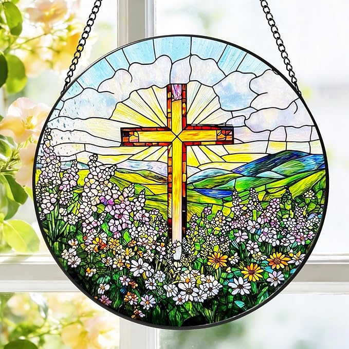 Stained Glass Window Hanging, 8 Inch Stained Glass Cross Wildflowers Suncatcher, Christian Sun Catchers Indoor Window, Flower Cross Religious Home Decor Panel, Easter Faith Christian Gifts for Women