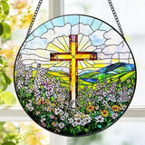 Stained Glass Window Hanging, 8 Inch Stained Glass Cross Wildflowers Suncatcher, Christian Sun Catchers Indoor Window, Flower Cross Religious Home Decor Panel, Easter Faith Christian Gifts for Women