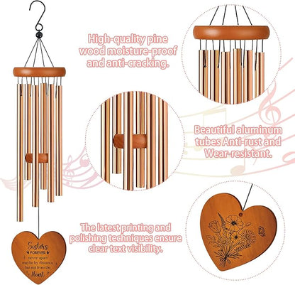 Mothers Day Sister Gift, Sisters Forever Quote Wind Chimes for Outside, Floral Heart Design Windchime for Home Garden Patio Yard Decor