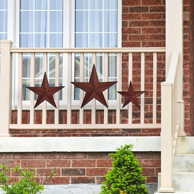 VIVICOMFY 6" 9" 12"（3pieces Red Black Barn Star Texas Stars Art-Metal Stars for Outside Rustic Vintage Western Wall Decor Country Home Farmhouse Wall Decorations