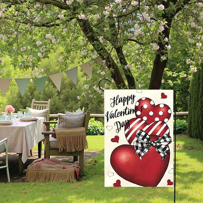 Valentines Day Garden Flag 12x18 Double Sided Happy Valentine’s Day Yard Banner with Red Hearts Polka Dot & Striped Love Heart Buffalo Plaid Bow Romantic Outdoor Decor for Porch Lawn Patio