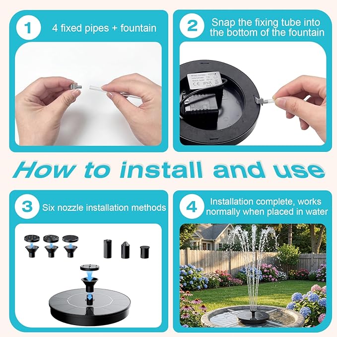 AMZtime Solar Fountain for Bird Bath, 2026 Upgrade Solar Water Fountain with 6 Nozzles & 4 Fixed Rods, Solar Bird Bath Fountains for Garden, Outdoor, Pool, Pond, Fish Tank and Patio