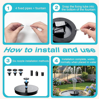 AMZtime Solar Fountain for Bird Bath, 2026 Upgrade Solar Water Fountain with 6 Nozzles & 4 Fixed Rods, Solar Bird Bath Fountains for Garden, Outdoor, Pool, Pond, Fish Tank and Patio