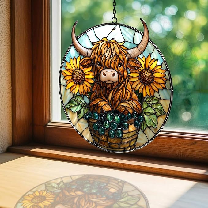 Highland Cow and Sunflower Mosaic Acrylic Suncatcher Stained Glass Effect Window Car Hanging Christmas Ornament Indoor Outdoor Decor Garden Sun Catcher Panel for Cow Lover for Women Mom Grandma