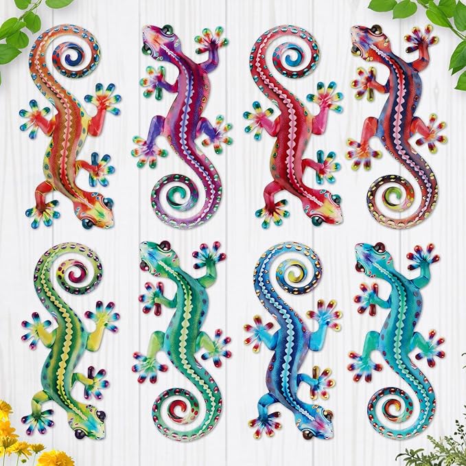 8 Pcs Metal Gecko Wall Art Outdoor Decor Metal Lizards Wall Decor Lizard 4.2 * 8.5 Inch Suitable for Hanging in Yard Garden Patio Fence Home, Idea Gifts for Mom Father Friends