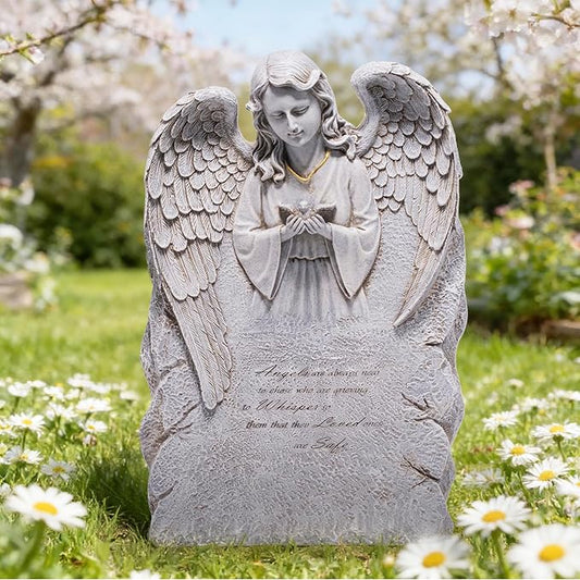 basen Memorial Angel Statue for Grave, Praying Angel Garden Statue with Engraved Message, Resin Cemetery Decoration for Outdoor Yard Lawn, Remembrance Angel Figurine Sympathy Gift