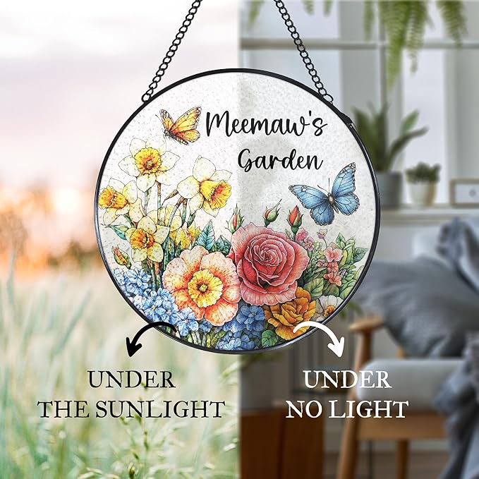 Meemaw's Garden Gifts Stained Glass Suncatcher for Grandma from Grandkids, Meemaw Grandma Gifts Window Hanging Wall Art Decoration for Mothers Day Christmas Birthday, 7.8 x 7.8 in
