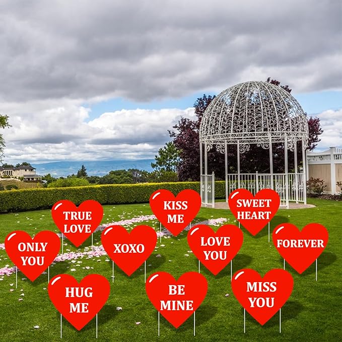 10-Piece Valentine Heart Yard Signs with Stakes Decorations – Assorted Red Heart Messages 12 Inches Large Outdoor Valentine Sweetheart Signs for Lawn, Garden, Driveway, and Romantic Party Décor