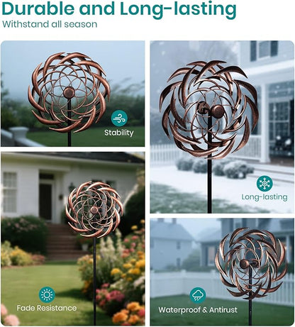 360° Copper Garden Wind Spinners Outdoor for Yard & Garden – W13xH63 Copper Metal Kinetic Sculpture Inspired by Bronze Sundial – Elegant Outdoor Decor