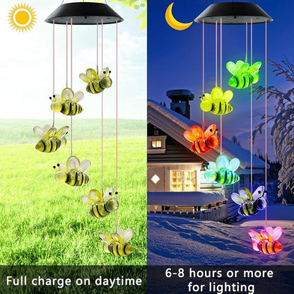 Solar Wind Chimes, Bee Wind Chimes Gifts for Mom Grandma Women Wife Girls, IP65 Waterproof Hanging Memorial Windchimes with 7 Color Changing LED Lights for Outside Garden Yard Decorations