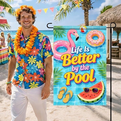 BlissYard Life Is Better By The Pool Garden Flag 12x18 Double Sided Vertical Outdoor Summer Poolside Decor Flamingo Donut Float Tropical Yard Lawn Patio Banner