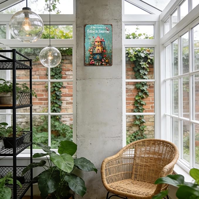 Garden Signs for Outside To Plant A Garden Is To Believe In Tomorrow, Funny Metal Signs for Home Garden Patio Yard, Retro Gardening Gifts for Women, Wall Decor 12" x 8"