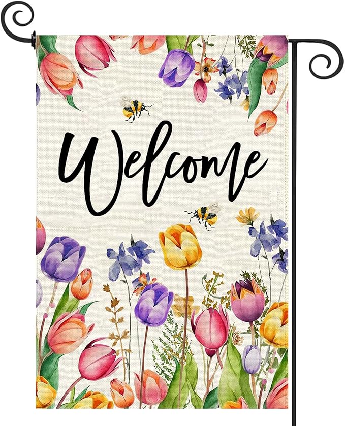 Baccessor Spring Summer Easter Tulip Welcome Garden Flag Double Sided Bee Colorful Floral Small Burlap Yard House Seasonal Farmhouse Outside Outdoor Decoration 12.5 x 18 Inch